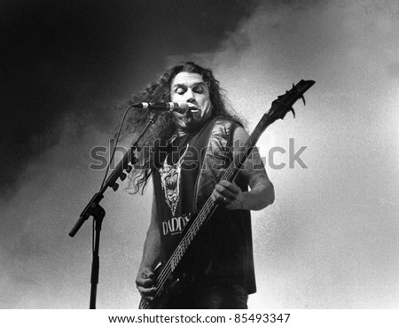 DENVER-AUGUST 9: Vocalist/Bassist Tom Araya of the Heavy Metal band Slayer performs in concert on August 9, 2002 at the Fillmore Auditorium in Denver, CO.