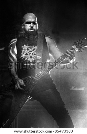 DENVER-AUGUST 9: Guitarist Kerry King of the Heavy Metal band Slayer performs in concert  on August 9, 2002 at the Fillmore Auditorium in Denver, CO.