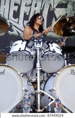 DENVER	OCTOBER 5:	Drummer Robert Ortiz of the Heavy Metal band Escape the Fate performs in concert October 5, 2011 at the Comfort Dental Amphitheater in Denver, CO.