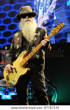 COLORADO SPRINGS, CO. USA	OCTOBER 11:		Bassist/Vocalist Dusty Hill of the Blues Rock band ZZ Top performs in concert October 11, 2011 at the Pikes Peak Center in Colorado Springs, CO. USA