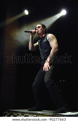 DENVER	OCTOBER 05:		Vocalist M. Shadows of the Heavy Metal band Avenged Sevenfold performs in concert October 5, 2011 at the Comfort Dental Amphitheater in Denver, CO.