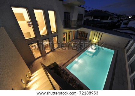 Luxury swimming pool and villa at night