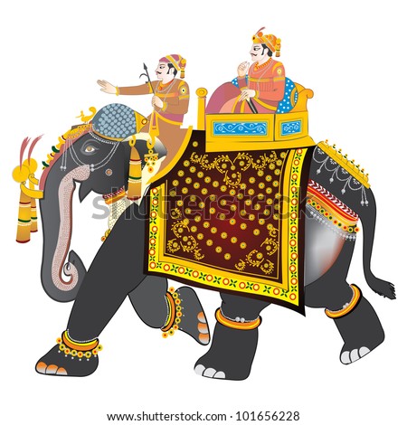 Indian Traditional Art Caparisoned elephant on parade Two men Riding on Elephant