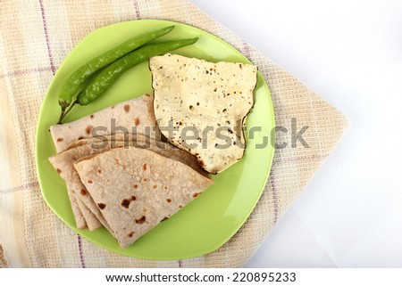 Spicy Vegetable and Roti, Indian Food with green chilli. Indian bread