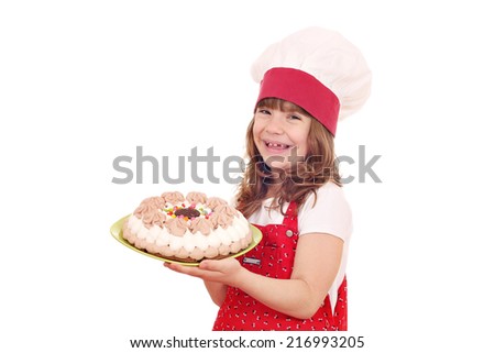 happy little girl cook with sweet cake