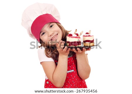 little girl cook with sweet raspberry cake little girl cook with sweet raspberry cake