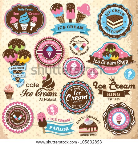 Collection of vintage retro ice cream labels, badges and icons