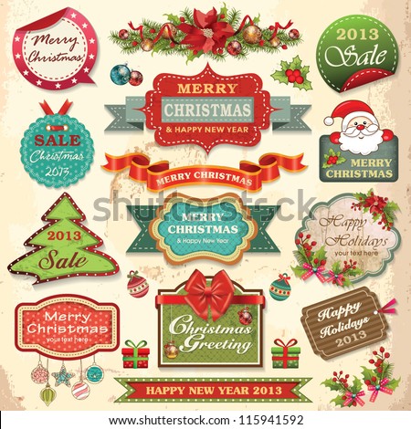 Collection of christmas ornaments and decorative elements vintage frames labels stickers and ribbons Collection of christmas ornaments and decorative elements vintage frames labels stickers and ribbons