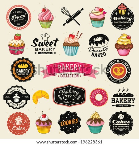 of labels. bakery cupcake badges Hand vintage  and vintage lettering Collection  stickers retro
