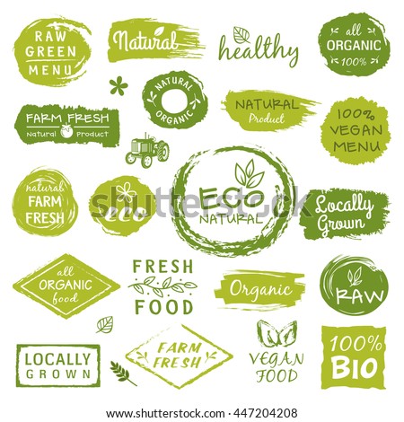 Collection of healthy organic food labels, logos for restaurants, vegan cafe, farm market and organic products packaging