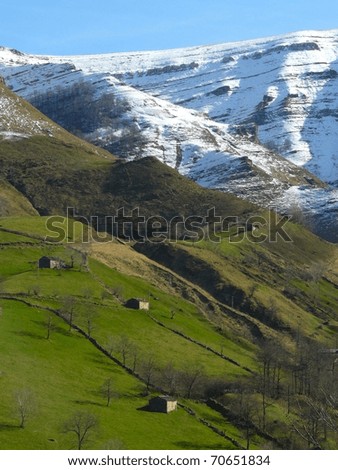 Landscape of a snowcapped mountain with green fields and dispersed cabins