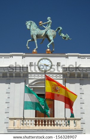 Statue and Flags, Granada Town Council, Spain