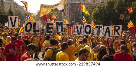 BARCELONA, SPAIN - SEPT. 11 The letters mean \'We want to vote\'. Rally for the independence of Catalonia on Sept. 11, 2014 in Barcelona, Spain.