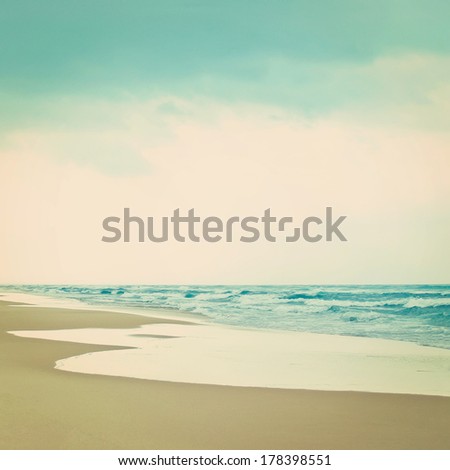 Empty beach, Mediterranean Sea. Vintage style.