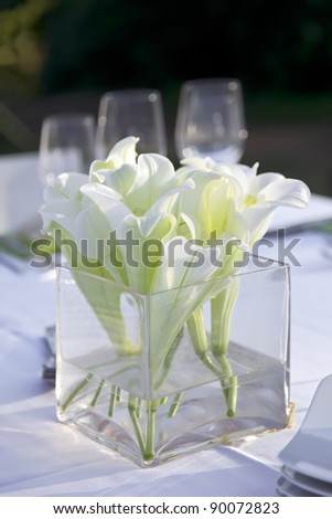 Wedding table outdoor. \\
Table decorated for the wedding party on the table a vase of white lilies.