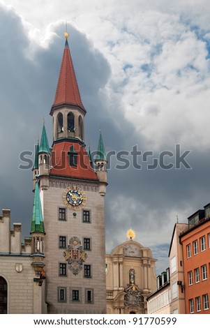 View of old town hall at Marienplatz in Munich Germany. The Old Town Hall, until 1874 the domicile of the municipality, serves today as a building for the city council in Munich.