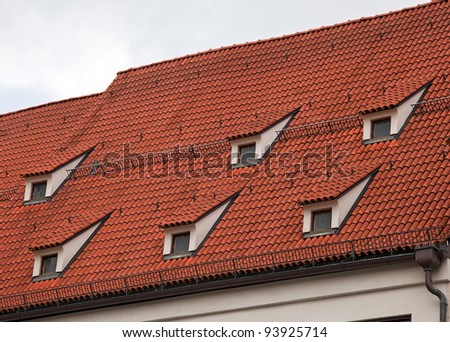 Close-up of red roof tiles with skylight in Munich, Germany