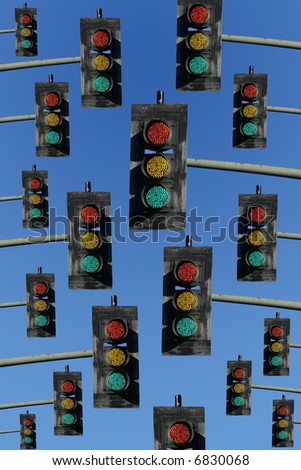 red, yellow and green lights on a sky blue background