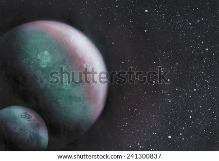 two planets closeup in space  with stars colored background  hand painted by airbrush