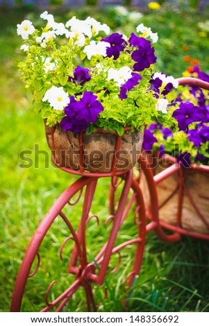 Model Of An Old Bicycle Equipped With Basket Of Flowers / Bicycle In A Garden