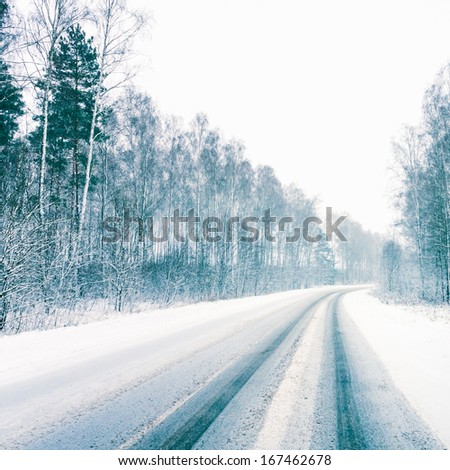 Snowy Land Road At Winter. Adverse weather conditions