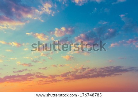 Sky, Bright Blue, Orange And Yellow Colors Sunset. Instant Photo, Toned Image