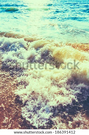 Soft Sea Ocean Waves Wash Over Sand Background. Sunset, Sunrise
