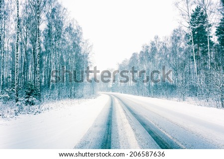 Snowy Land Road At Winter. Adverse weather conditions
