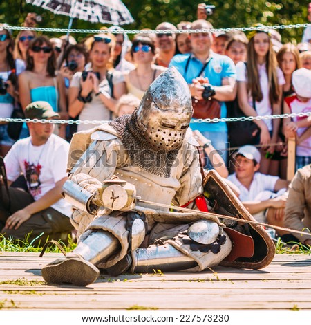 MINSK, BELARUS - JULY 19, 2014: Historical restoration of knightly fights on festival of medieval culture