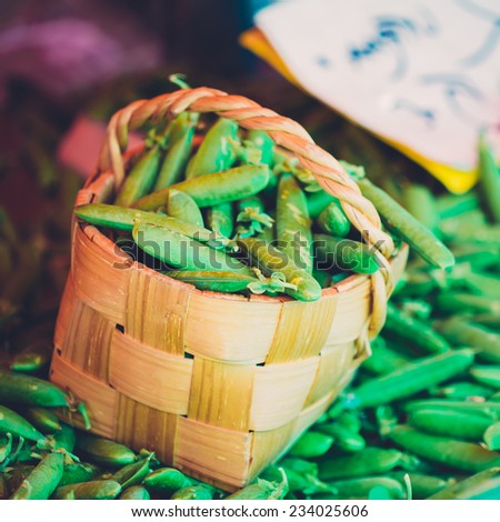 Fresh Vegetable Organic Green Beans In Wicker Basket. Production Of Local Food Market. Toned Instant Photo