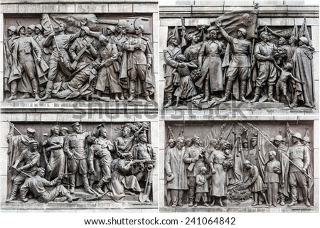Set Bas-relief Scenes On The Wall Of The Stele Dedicated To The Memory Of The Great Patriotic War. Victory Square - Symbol Belarusian Capital, Minsk, Belarus