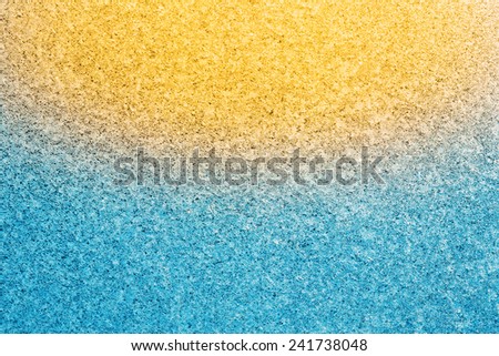 Frost Patterns On Window Fantasy Looking. Blue And Yellow Colors Ice Abstract Natural Background