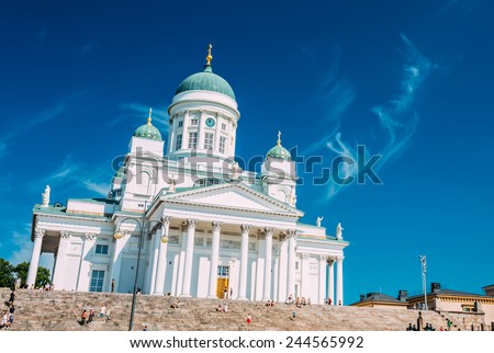 Helsinki Cathedral, Helsinki, Finland. The Facade Fronted By A Statue Of Emperor Alexander II Of Russia