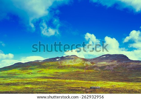 Norway Nature Landscapes, Mountain Under Sunny Blue Sky. Toned Instant Filtered Image Photo