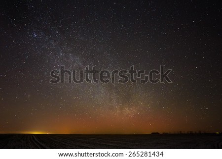 Natural Real Night Sky Stars Background Texture. Sunset, Sunrise Over Field