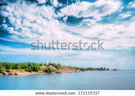 Rocky Island Near Helsinki, Finland. Summer Sunny Day. Seashore Landscape, Nature Of Finland.