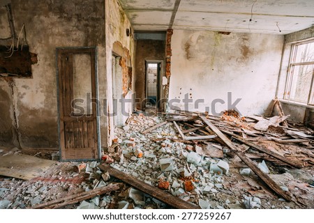 Abandoned House Interior In Chernobyl Resettlement Zone. Chornobyl Disasters