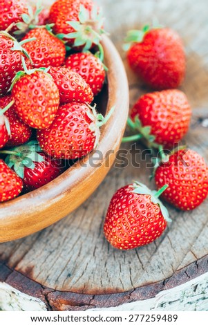 Strawberries. Organic Berries Closeup. Ripe Strawberry In The Fruit Garden, Old Wooden Bowl Filled With Succulent Juicy Fresh Ripe Red Strawberries On Old Birch Stump