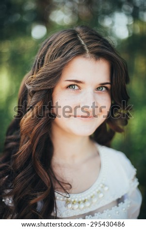 Close Up Portrait Of Young Happy Beauty Red Hair Girl In White Dress In Summer Park