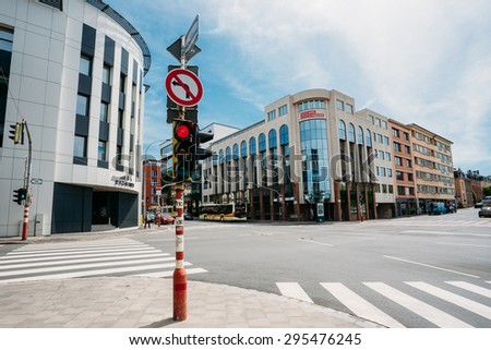 LUXEMBOURG, LUXEMBOURG - JUNE 17, 2016: Traffic lights at the intersection Route d\'Arlon in city