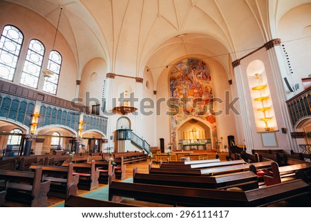 STOCKHOLM, SWEDEN - JULY 29, 2014: Interior Of Sofia Kyrka (Sofia Church). Sofia Church named after the Swedish queen Sophia of Nassau, is one of the major churches in Stockholm, Sweden.