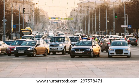 MINSK, BELARUS - MARCH 10, 2015: Busy Movement On Independence Avenue During Evening Time. Traffic Slow Moving On Street, Traffic Jam