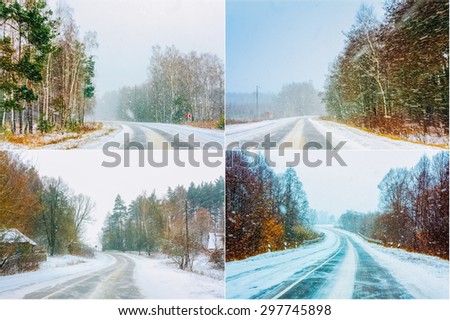 Set Collage Snowy Road At Winter