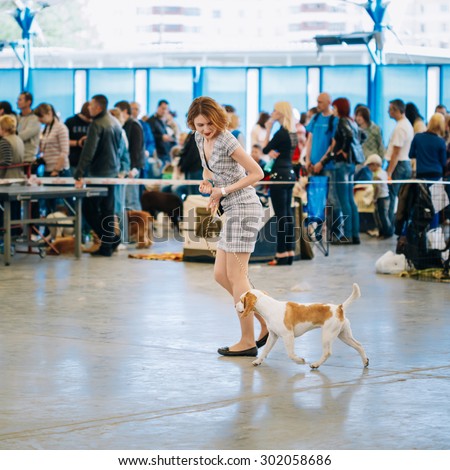GOMEL, BELARUS - MAY 11, 2015: People and dogs visit exhibition dog show.