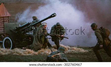 MOGILEV, BELARUS - MAY, 08, 2015: Reconstruction of Battle during events dedicated to 70th anniversary of the Victory of the Soviet people in the Great Patriotic War.