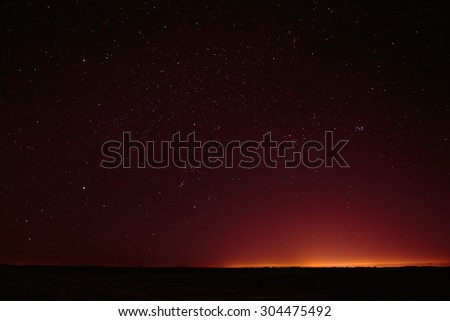 Natural Real Night Sky Stars Background Texture. Sunset, Sunrise Over Field