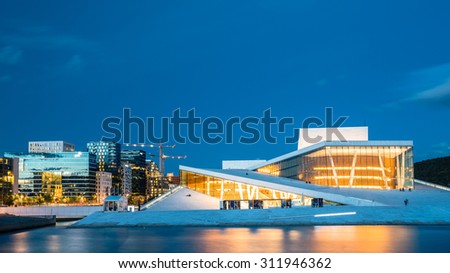 Night View of The Oslo Opera House Is The Home Of The Norwegian National Opera And Ballet. Norway