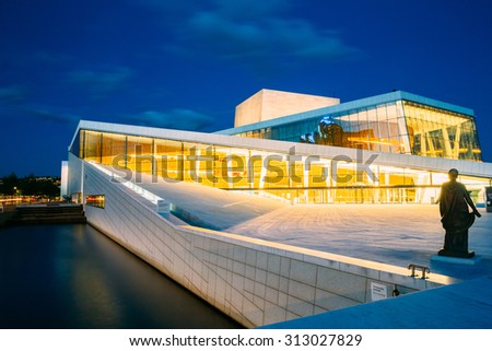 OSLO, NORWAY - JULY 31, 2014: Night View of White Building of The Oslo Opera House, The Home Of The Norwegian National Opera And Ballet. Norway
