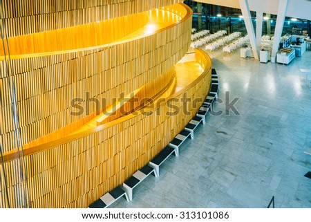 OSLO, NORWAY - JULY 31, 2014: Interior of The Oslo Opera House Is The Home Of The Norwegian National Opera And Ballet. Norway