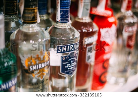 Nerja, Spain - June 20, 2015:  Vodka bottles at the wine store